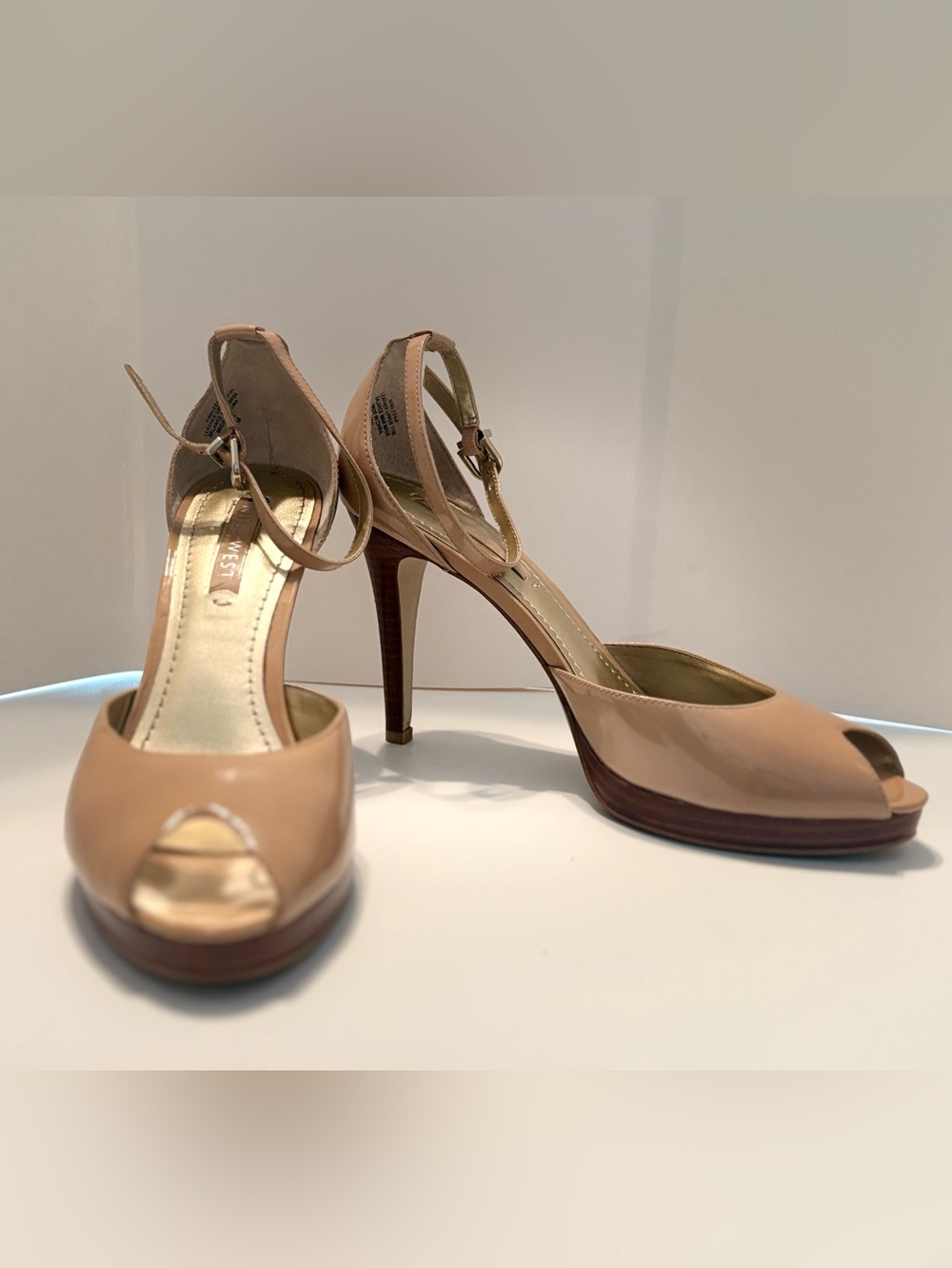 Nine West Nude Patent Peep-Toe Ankle-Strap Heels